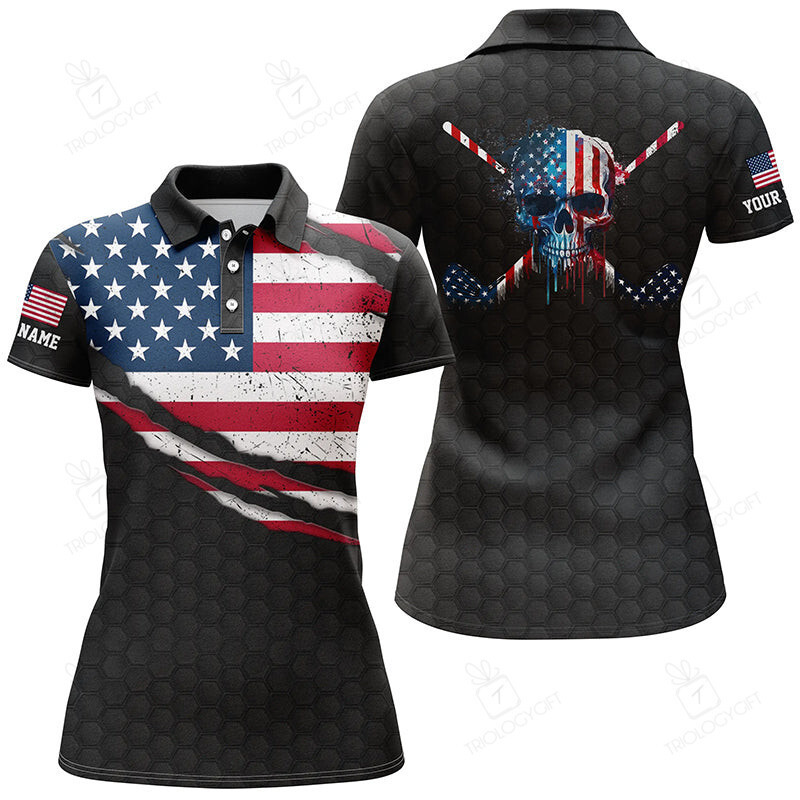 American Flag Skull Golf Shirts For Women, Funny Golf Shirt, Personalized Women Golf Shirts Golf Gift