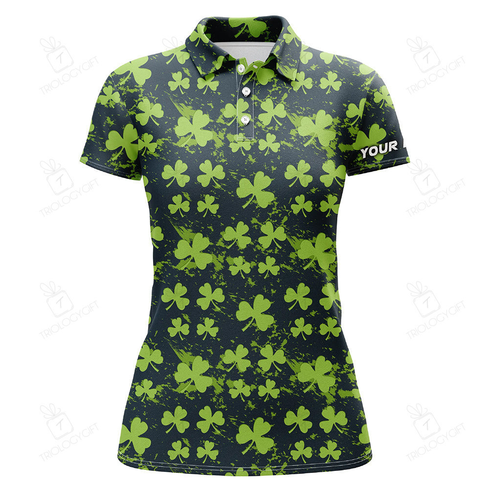 Watercolor Green Clover Leaf St Patrick Day Golf Polo Shirt Custom Name Golf Shirts For Women