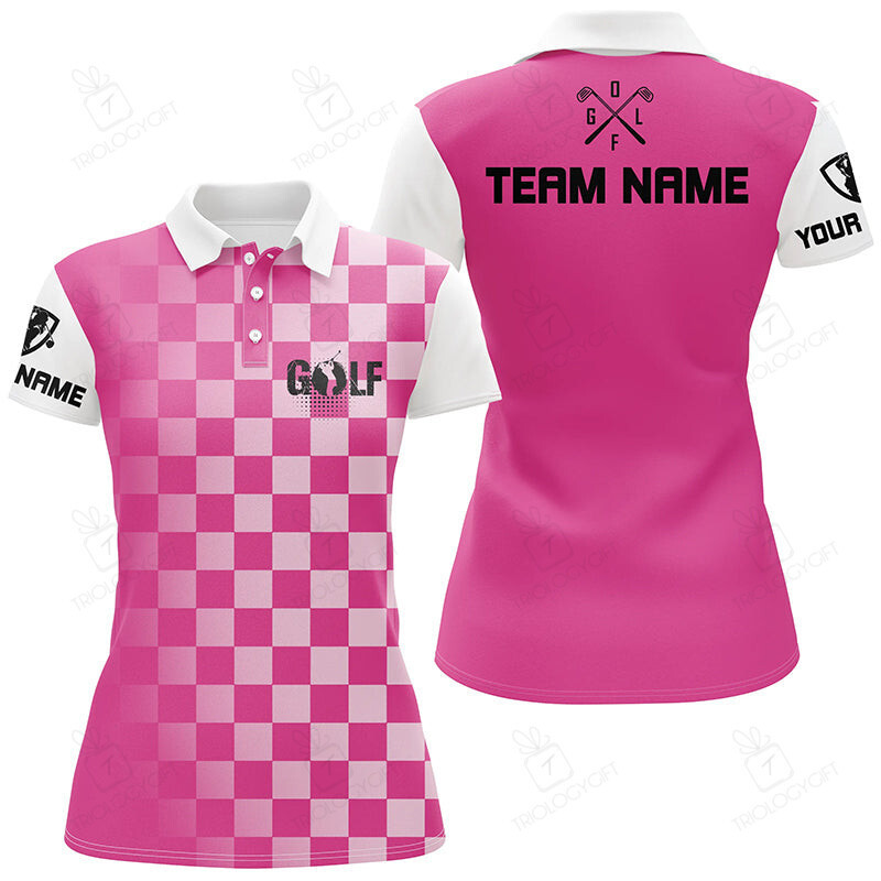 Womens Golf Polos Shirts Custom Name Pink Checkered Pattern Ladies Golf Shirts, Womens Golf Clothes