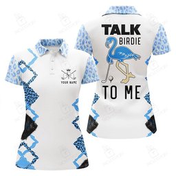 Funny Blue Leopard Womens Golf Polo Shirt Talk Birdie To Me Custom Name Blue Flamingo Golf Shirts