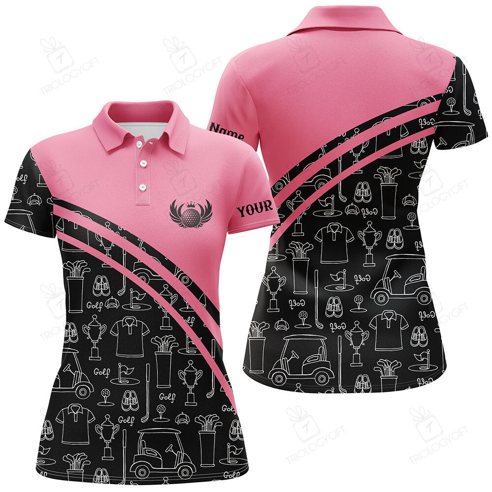 Womens Golf Polos Shirts Custom Black Pattern Short Sleeve Golf Shirts, Golf Gift For Her | Pink