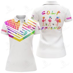 Funny Women Golf Polo Shirt Watercolor American Flag Flamingo Golf Friend Custom Name White Golf Shirt
