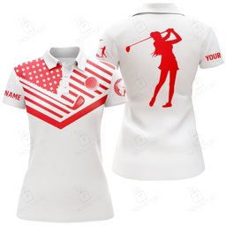 Womens Golf Polo Shirt Red American Flag Custom Name White Golf Shirt