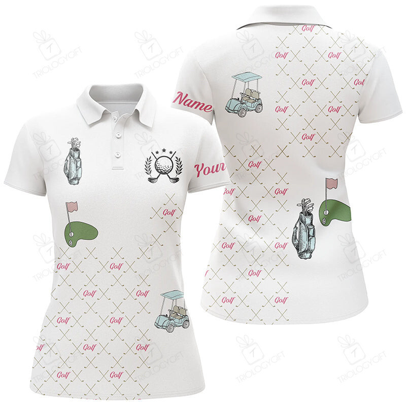 White Womens Golf Polos Shirts Custom Golf Clubs Pattern Golf Shirt, Ladies Golf Shirts Gift For Mom