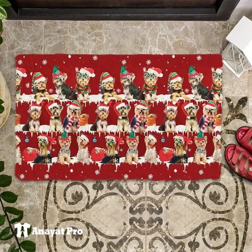 Door Mat- Cute Yorkshire Terrier On Christmas Holiday Red