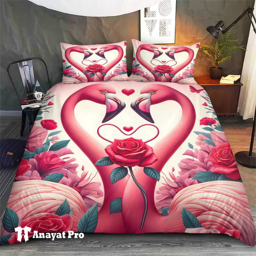 Flamingo Love Heart Couple Valentine Bedding Set – Romantic and Cozy Bedroom Ensemble for a Perfect Valentine's Day