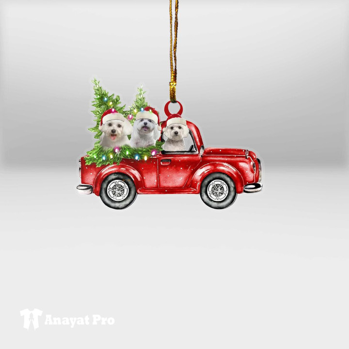 Ornament-Maltese in a Christmas Car