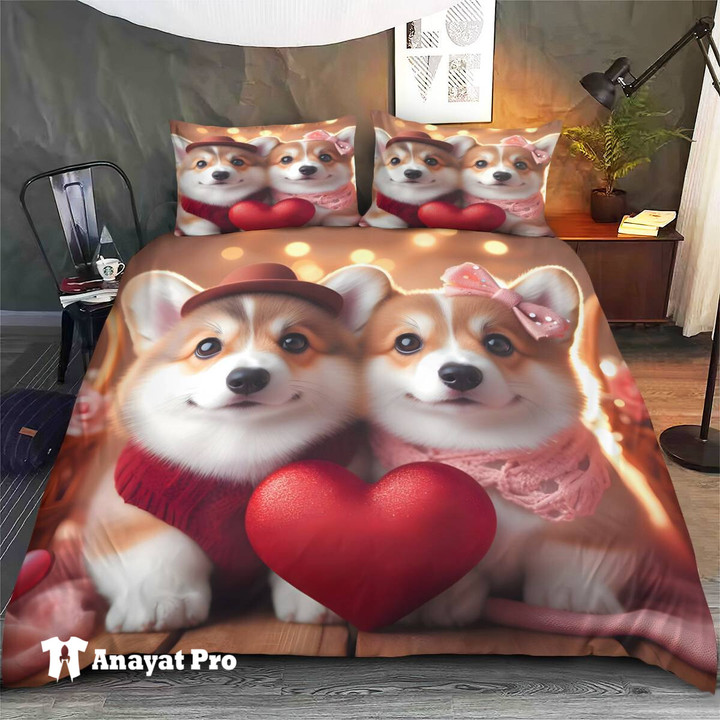"Corgi Dog Love Heart Couple Valentine Bedding Set - Cozy Blanket and Quilt Ensemble for a Romantic Bedroom Ambiance"