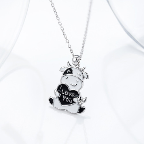 925-Sterling-Silver Cute Cow With Enamel Pendant Necklace Jewelry Gifts
