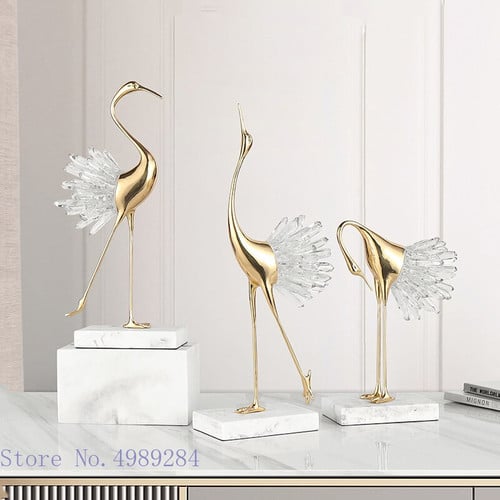 Creative Resin Ornaments Crane Golden Flamingo Bird Crystal Agate Marble Address Simulation Animal Crafts Home Decoration