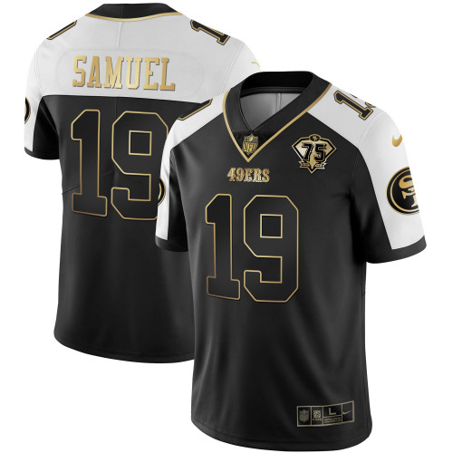 Men's San Francisco 49ers 75th Anniversary Patch Alternate Vapor Black Gold & Red Gold Limited Jersey - All Stitched