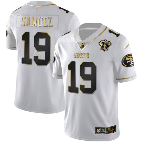 Men's 49ers 75th Anniversary Patch White Gold & Black Gold Jersey - All Stitched