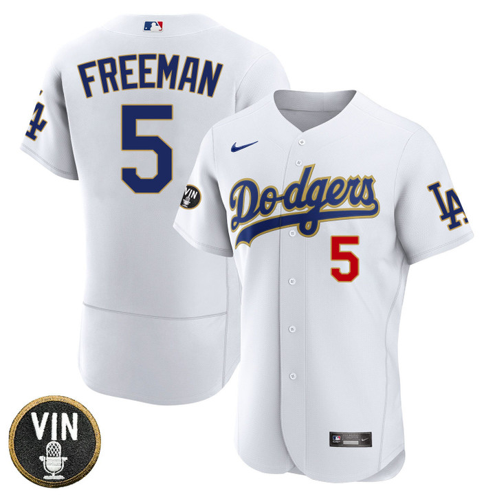 Los Angeles Dodgers Vin Scully Patch Gold Trim Player Jersey - White - All Stitched