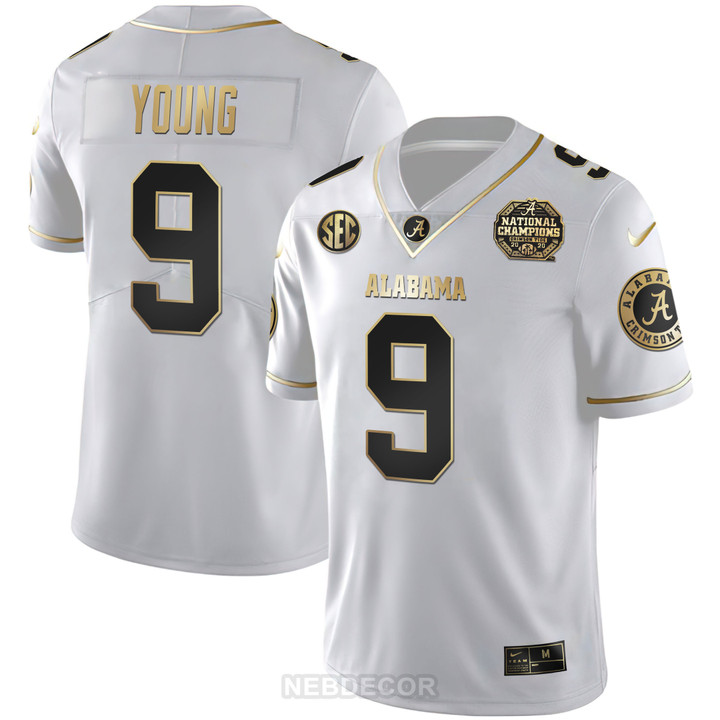 Men's Alabama Crimson Tide National Champions Patch White Gold & Black Gold Jersey - All Stitched