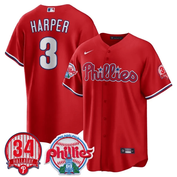 Men’s Philadelphia Phillies Roy Halladay Patch #34 Cool Base Jersey – All Stitched