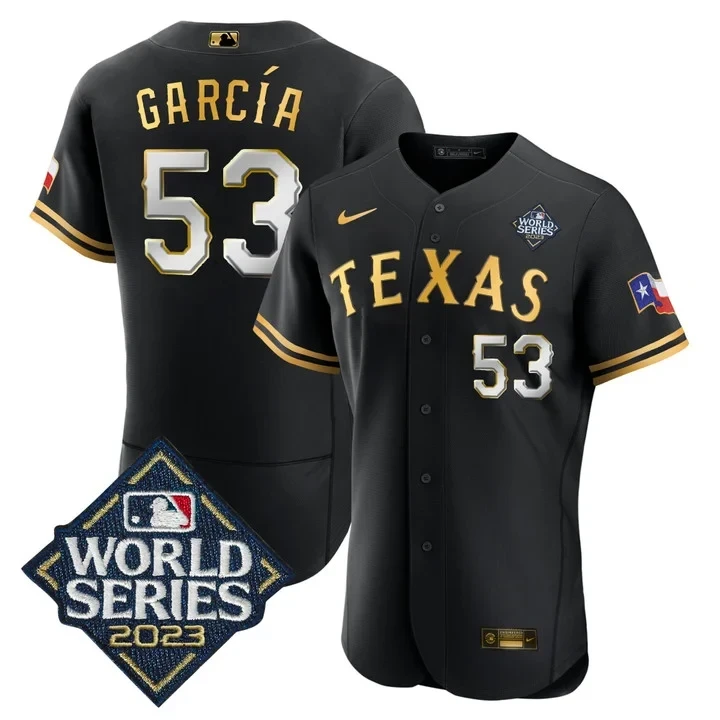 Adolis Garcia Texas Rangers 2023 World Series Black Gold Jersey - All Stitched