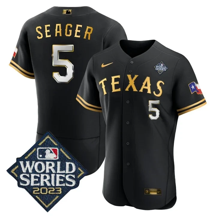 Corey Seager Texas Rangers 2023 World Series Black Gold Jersey - All Stitched