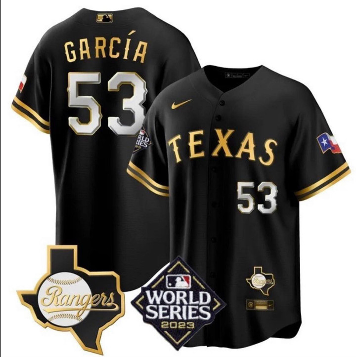 Adolis Garcia Texas Rangers 2023 World Series Black Gold Cool Base Jersey - All Stitched