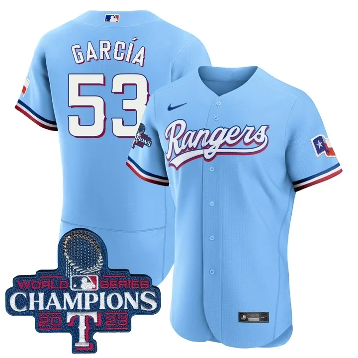 Adolis Garcia Texas Rangers World Series Champions Powder Blue Jersey 2023 - All Stitched