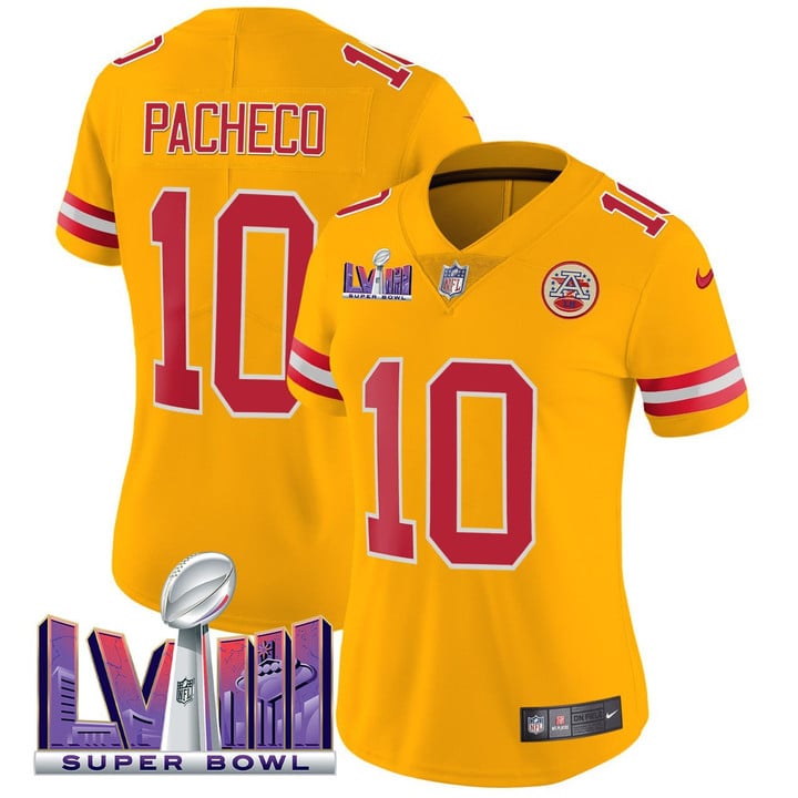 Women's Isiah Pacheco Kansas City Chiefs Super Bowl LVIII Patch Yellow Jersey - All Stitched