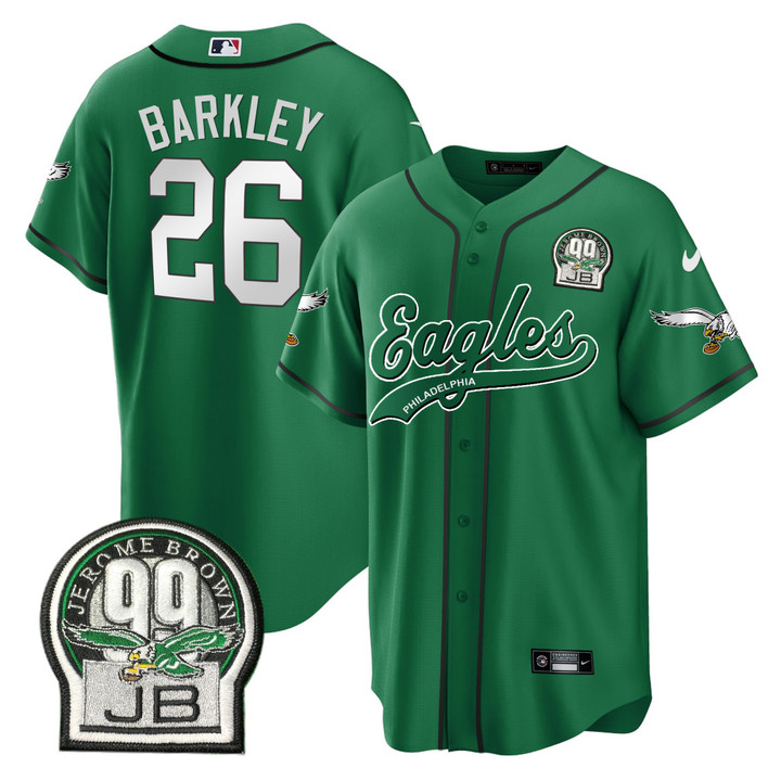 Saquon Barkley Eagles Jerome Brown Retired Patch Kelly Green Baseball Jersey - All Stitched