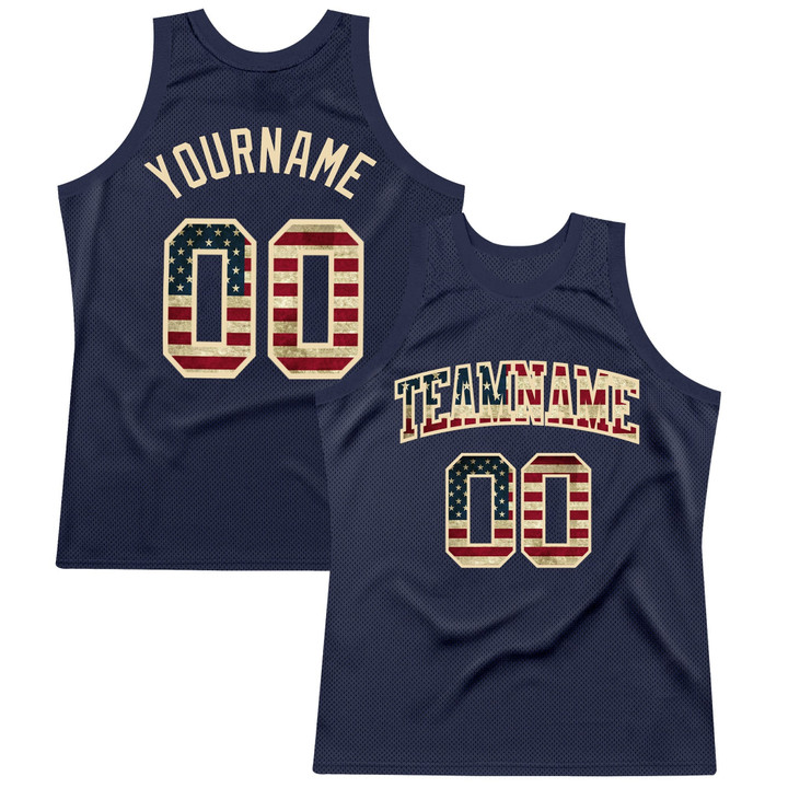 Navy Vintage USA Flag-City Cream Throwback Custom Basketball Jersey
