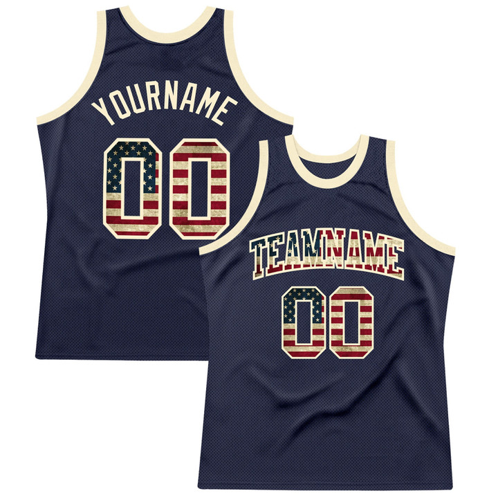 Navy Vintage USA Flag-Cream Throwback Custom Basketball Jersey