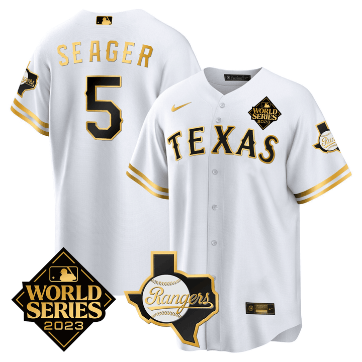Men's Texas Rangers Gold Edition Jersey - 2023 World Series + Texas State Patch