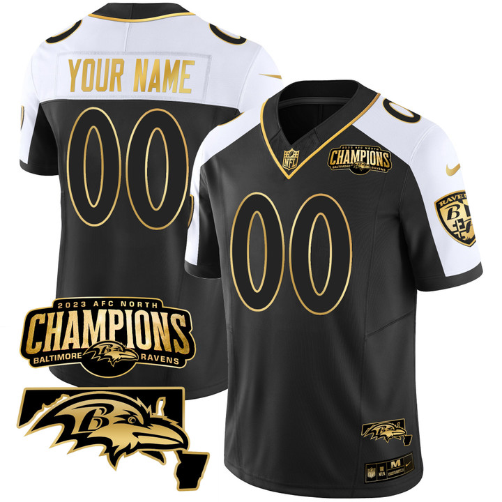 Ravens 2023 AFC North Champions & Maryland Patch Gold Vapor Custom Jersey - All Stitched