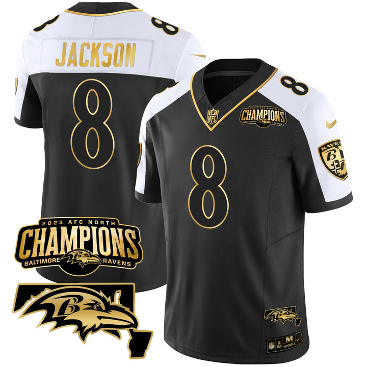 Men's Ravens 2023 AFC North Champions & Maryland Patch Gold Vapor Jersey - All Stitched
