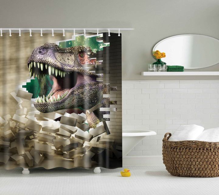 3D Dinosaur Destroy Wall Shower Curtain | Woobedding