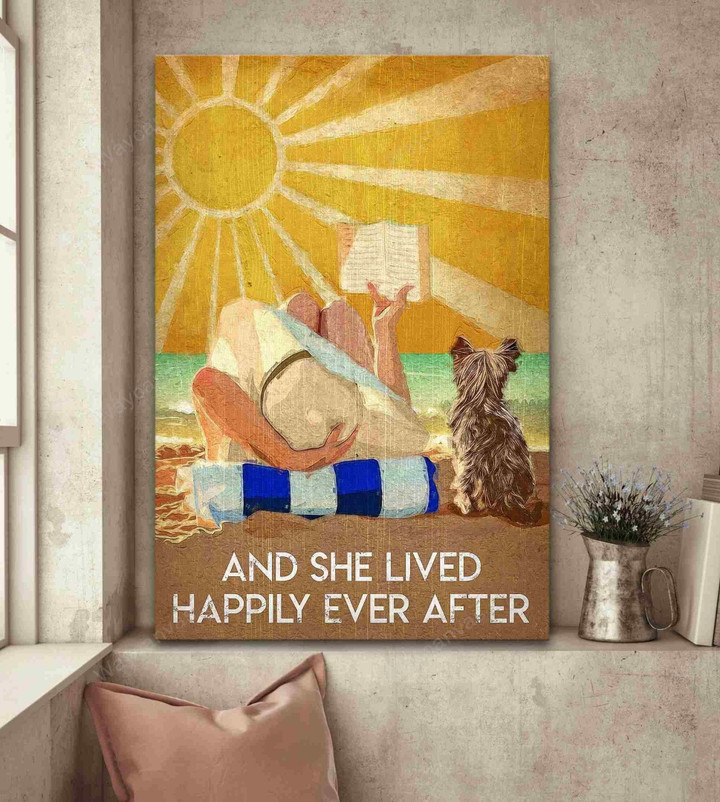 Beautiful girl, Yorkshire Terrier, Sand beach, Sunshine, And she lives happily ever after with her dog - Yorkshire Portrait Canvas Prints, Wall Art