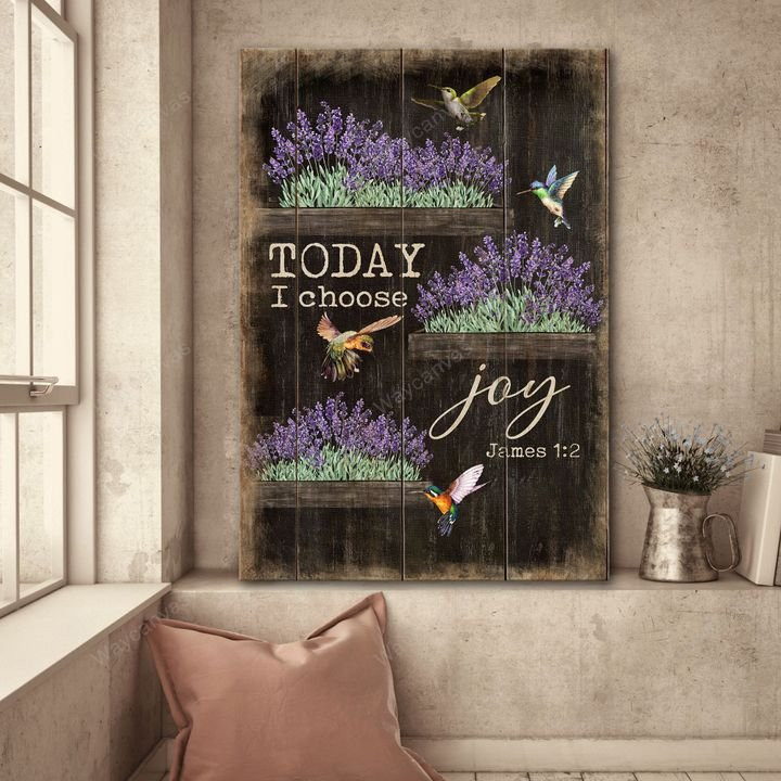 Lavender flower, Hummingbird drawing, Black background, Today I choose joy - Jesus Portrait Canvas Prints, Wall Art