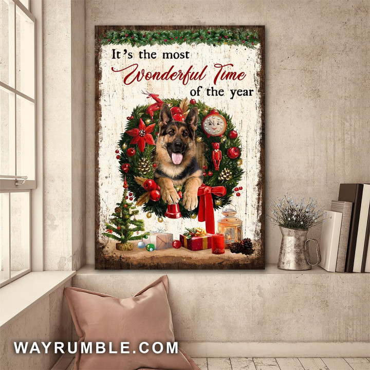 German Shepherd, Christmas Wreath, It's the most wonderful time of the year - Dog Portrait Canvas Prints, Wall Art