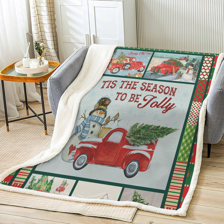 Truck Bed Throw Blanket, Xmas Queen Sherpa Fleece Blanket, Red Truck Christmas Sherpa Fleece Blanket, Gifts for Christmas