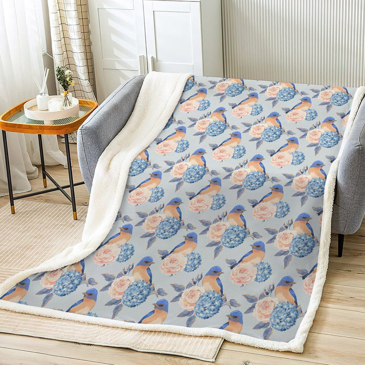 Bed Throw Blanket, Super Soft Sherpa Fleece Blanket, Bluebird Pattern 1 Sherpa Fleece Blanket, Gifts for Pattern