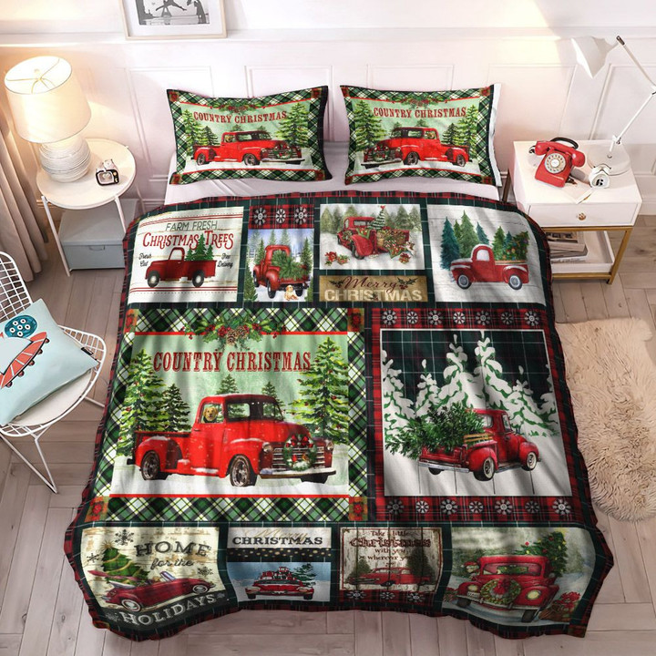 Xmas Decoration Soft Duvet Cover Set, Truck King Size Bedding Set, Snowman Cozy Bedding Set, Red Truck Christmas Bedding Set, Gifts for Truck