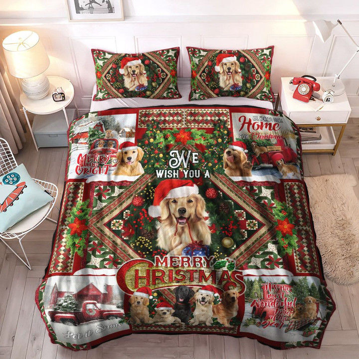 Christmas Cozy Bedding Set, Golden Retriever We Wish You A Merry Christmas Bedding Set, Gifts for Christmas