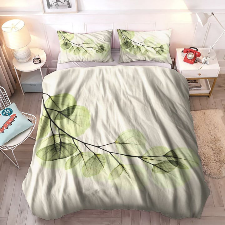 Green Color Queen Size Bedding Set, Autumn Leaves Soft Duvet Cover Set, Green Xray Of Eucalyptus Leaves Bedding Sets, Gifts for Green