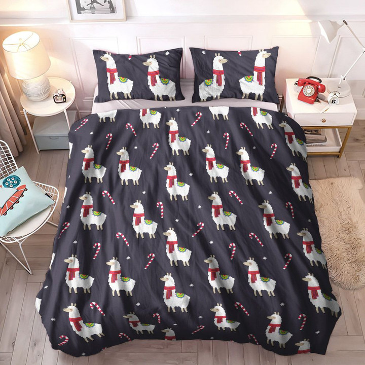 Dried Candy King Size Bedding Set, Candy Cozy Bedding Set, Llama Soft Duvet Cover Set, Llama With Candy Cane Themed Print Bedding Set, Gifts for Llama