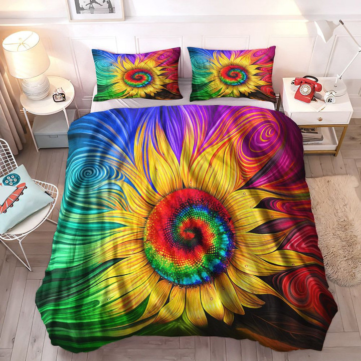 Hippie Van Queen Size Bedding Set, Hippie Sun And Moon Soft Duvet Cover Set, Hippie Sunflower Bedding Set, Gifts for Sunflower
