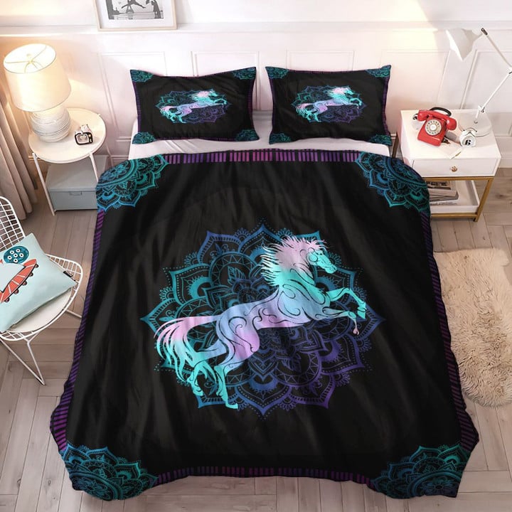 Mandala King Size Bedding Set, Horse Racing Comforter Cover Bedding Set, Bohemian Mandala Cozy Bedding Set, Horse Mandala Bedding Set, Gifts for Horse