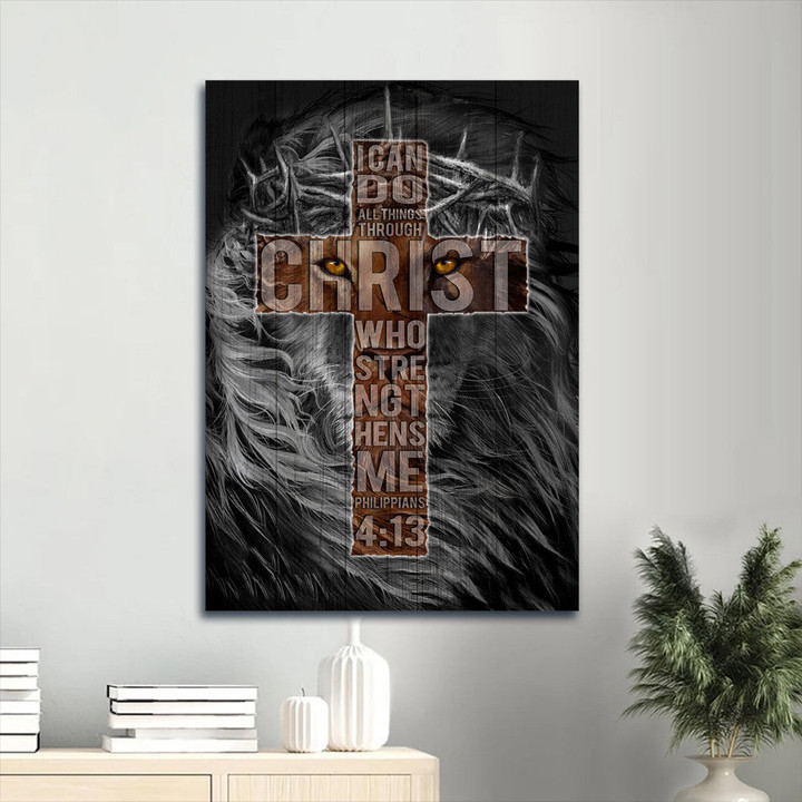 I Can Do All Things Through Christ Canvas Wall Art - Black Lion Drawing Portrait Canvas - Gift For Christian | PB Canvas