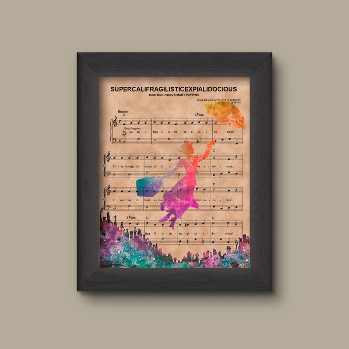 Marry Poppins Watercolor Silhouette Sheet Music Art Canvas Canvas Print | PB Canvas