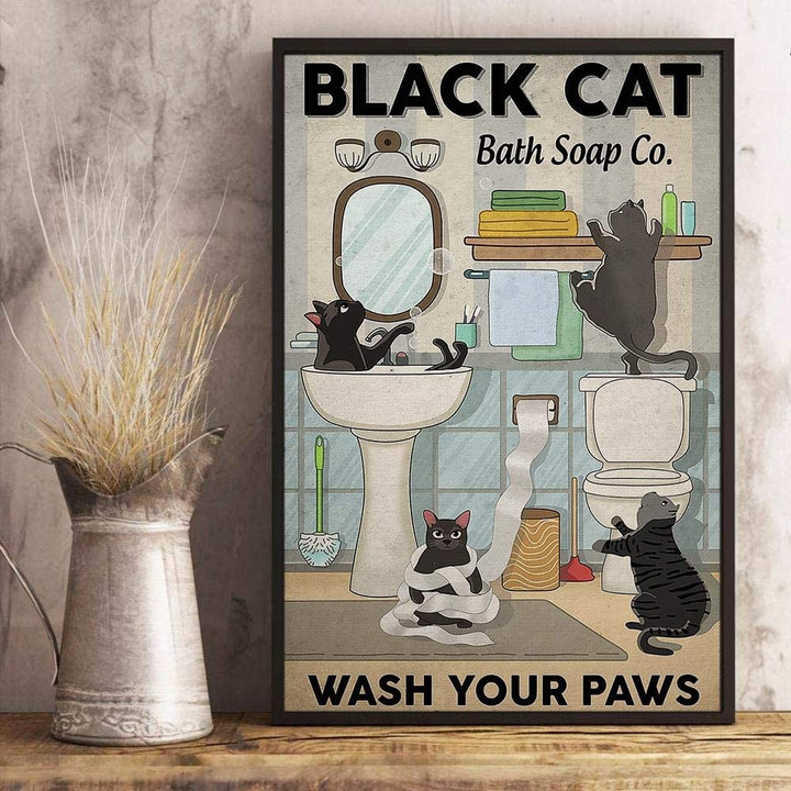 Black Cat Lovers Wash Your Paws Canvas Wall Art Print Sink Home Living Bathroom Restroom Toilet Decor Canvas | PB Canvas
