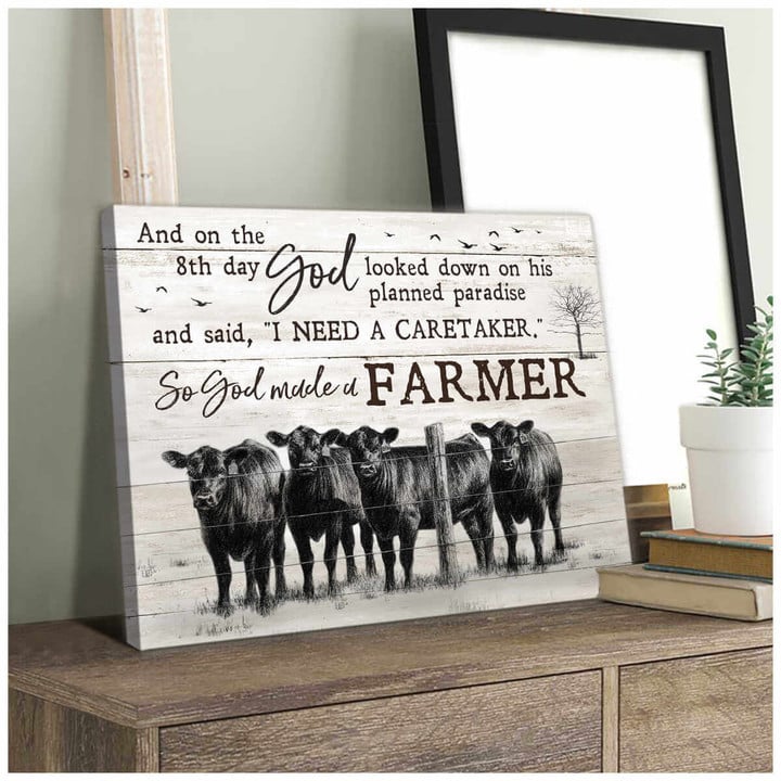 Angus Cows Farmhouse Farm Canvas So God Made A Farmer Wall Art Decor Dhg 1392 | PB Canvas