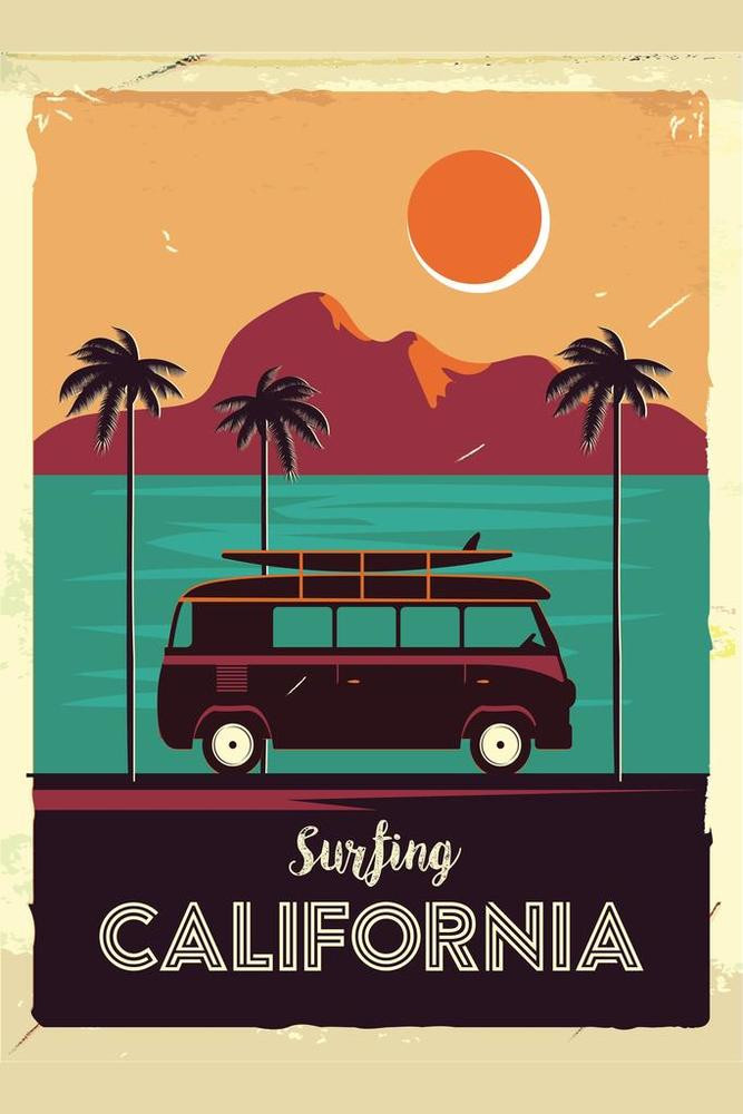 Surfing California Coastline Vintage Van Palm Trees Canvas Canvas Print | PB Canvas
