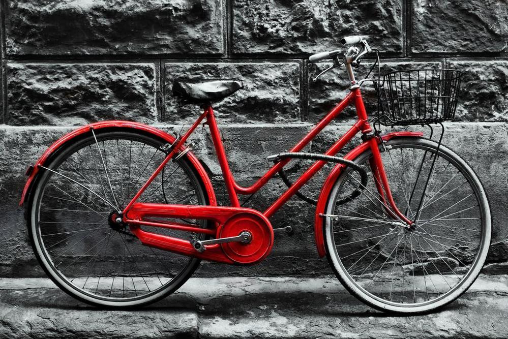 Retro Vintage Red Bike Leaning Against Block Wall Black And White Photo Canvas Canvas Print | PB Canvas