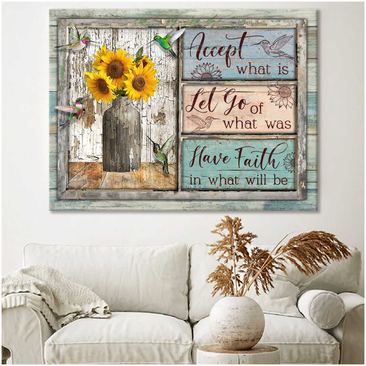 Accept What Is Sunflower On Rustic Wood And Hummingbirds Wall Art Decor Dhg 1371 | PB Canvas