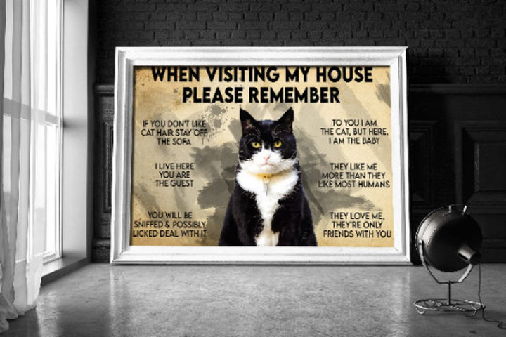 When Visiting My House Please Remember Canvas Tuxedo Cat Print Tuxedo Cat Art Black And White Cat Wall Art Cat Lover Gift Cat Art Print | PB Canvas